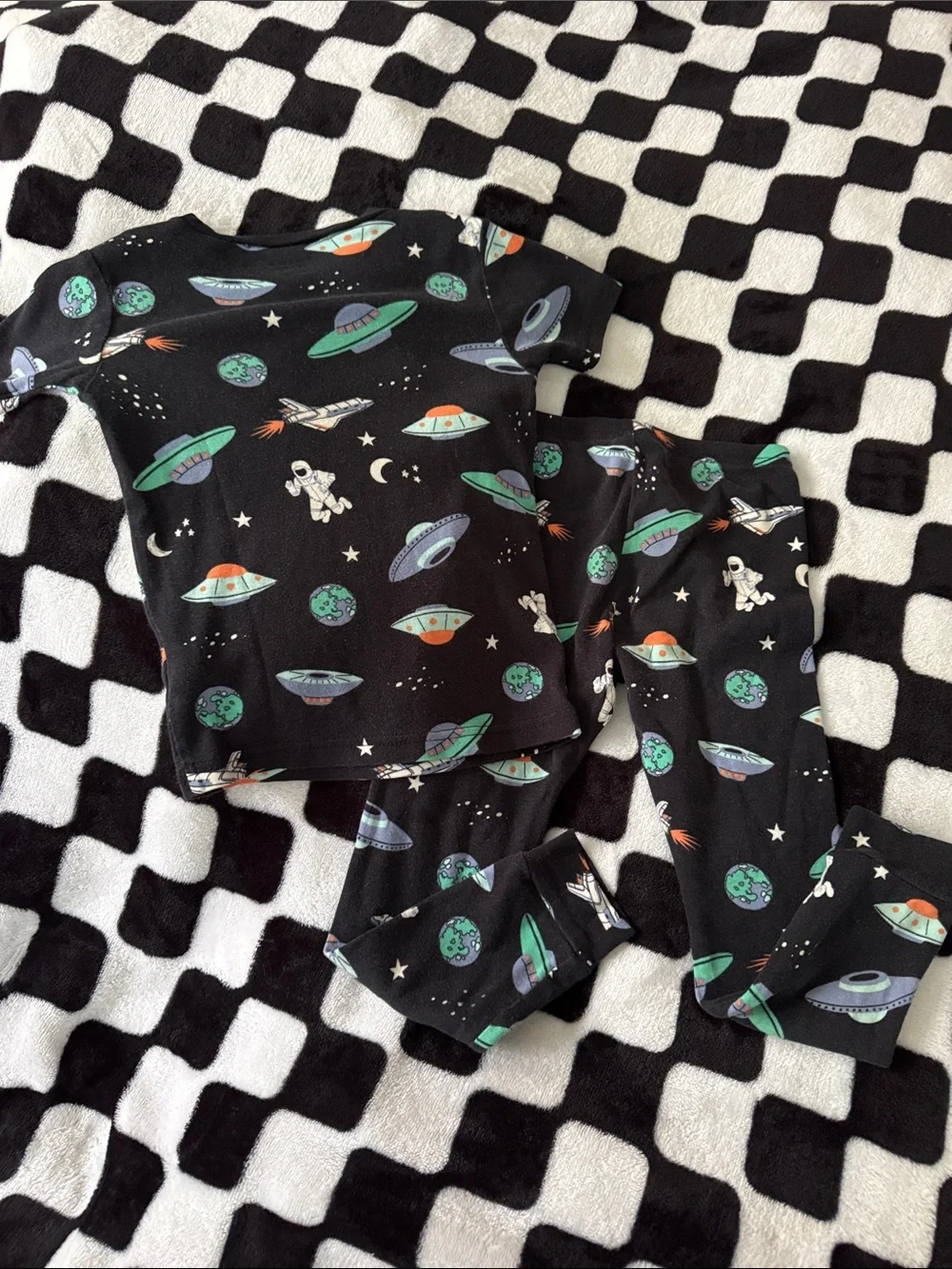 Kids Black Space UFO Pajama Set - Rocket & Astronaut Print